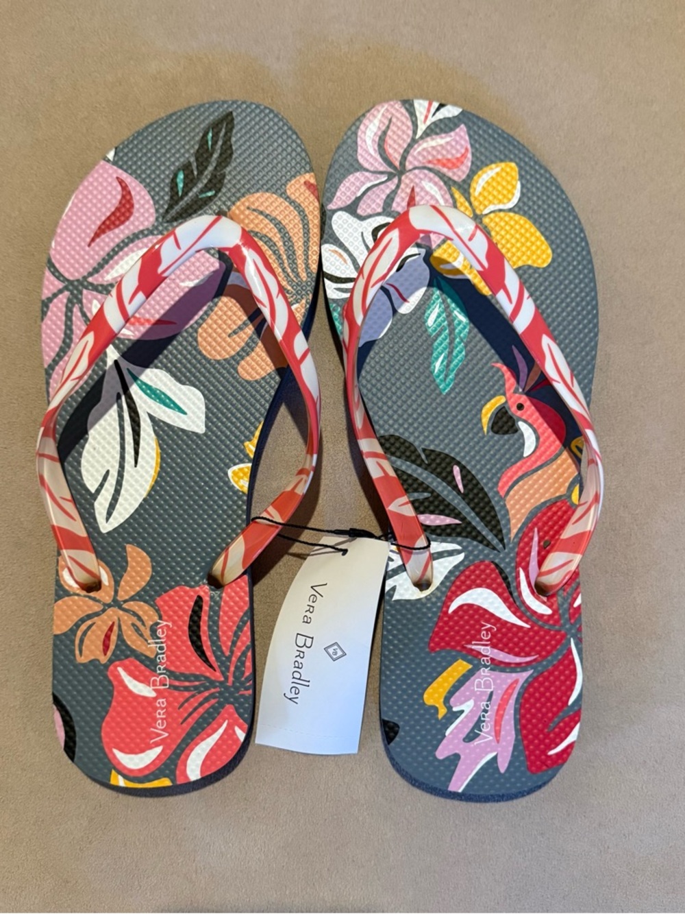 Vera Bradley Flip Flops Sandals - Pink Gray Floral Coastal Paradise NEW Retired